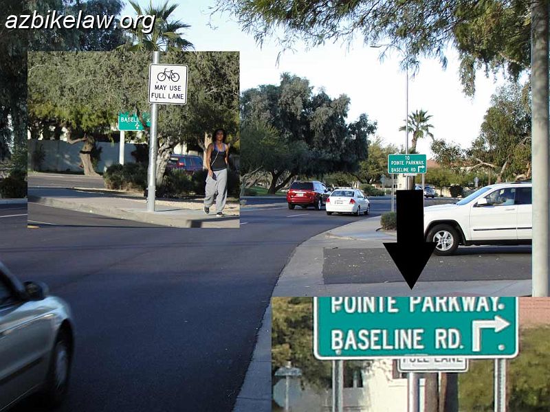DSC01599collage.jpg - Obsured BMUFL sign. Inset on the left is the sign as viewed from across the street. The main picture is roughly how approaching drivers would see the sign, almost completely obscured by the green directional sign. (the bottom half of the words 'Full Lane" are the only visible part of the BMUFL sign!). 1/5/2012