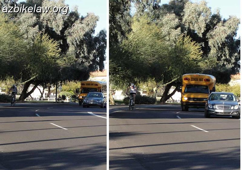 goodpass.jpg - The cyclist is riding a bit too far to the right -- however the driver of the school bus correctly makes a complete lane change. 1/5/2012