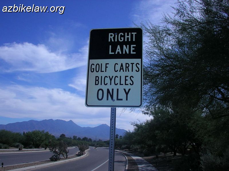 GolfCartBikeLane.JPG - sign from green valley area (pima county). mixed uses of bike lanes are allowed under 815C -- photo from Mike Sanders. also see "No Such Thing as a Golf Cart Lane" (in maricopa county)"