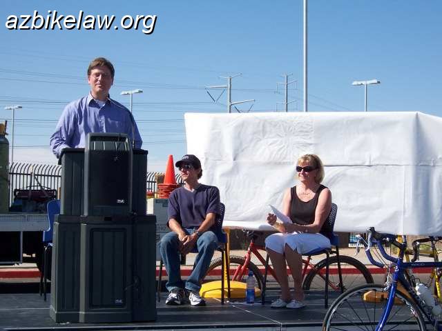 k07ac014.JPG - “The 3 feet is not a recommendation, it’s the law,” Councilman Greg Stanton said. Pictured: Phx Councilman Greg Stanton (speaking), George Eschak-Gage, Rita Anselmo. photo taken 3/17/2009 at the unveiling.