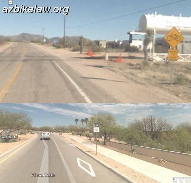 tucson2009FatalScenes.jpg - (source: google maps; retrieved 1/20/2012; street view is undated)Scene of two 2009 Tucson-area (but not in the city) fatalities:top -- Allen Johnson, killed on the shoulder EB on Old Spanish Trail, just west of  S Camino Loma Alta. Note the W11-1 sign, and the W16-1P "share the road" placard (yellow / warning). bottom -- Jerome Featherman, killed in the bike lane of North Desert Bell Drive, near West Calle de Oro. This appears to be a full-up, real, normal, marked, designated bike lane; has the "old" markings and signage.In both cases; a motorist inexplicably (inattention? distraction?) drove out of the lane and struck the cyclist on the shoulder, or bike lane -- a grim reminder that an edge line or bike lane stripe can't protect cyclists from a careless motorist. Both were cited for 28-735.  more details about these two fatalities . Note that these are the approximate locations; meant to be reprentative of road conditions and layout; not specific. FARS has very specific GIS info.